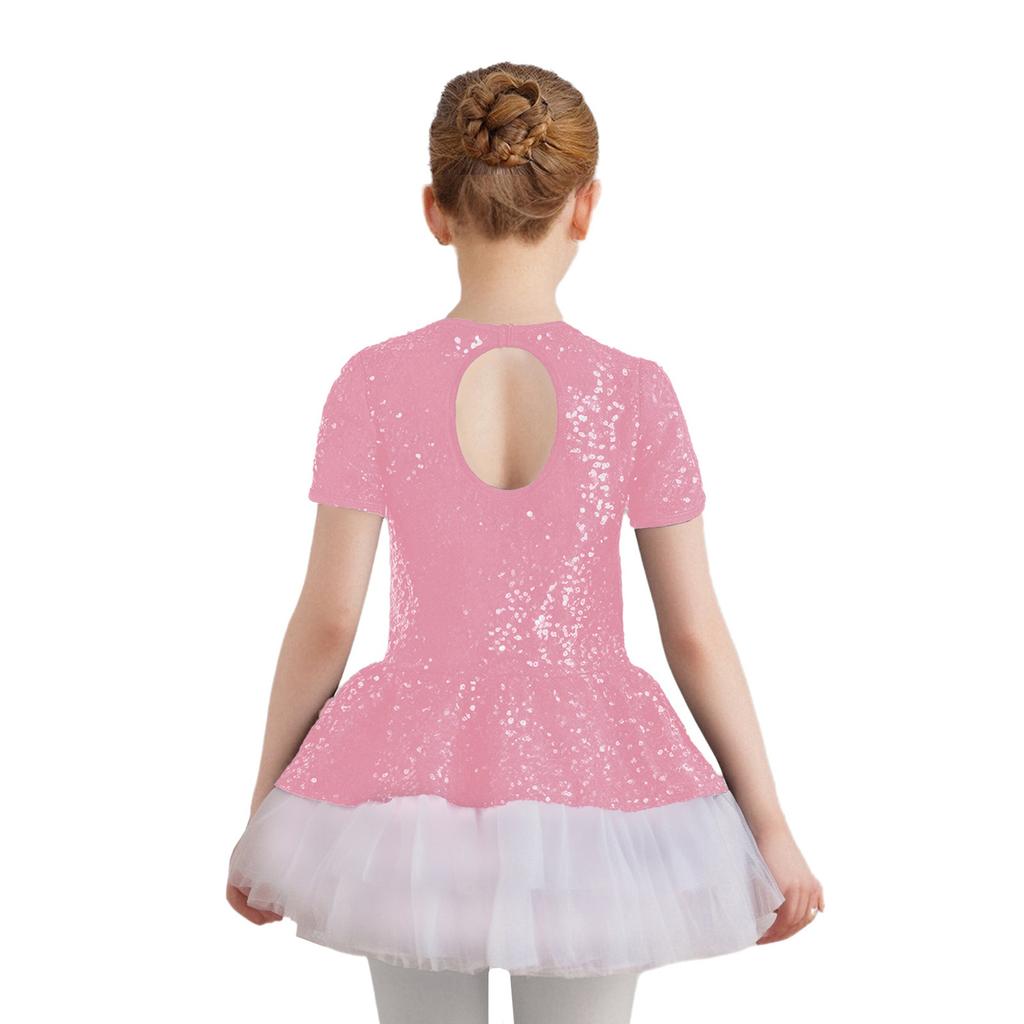 Girls Penguin Costume Color Contrast Sequins Dress Round Neck Short Sleeve Bow Tie Buttons Puffy Mesh Skirt