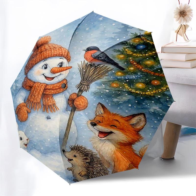 

1pc Winter Wonderland Snowman with Friends Auto-Open Close Umbrella, Portable 3-Fold Design, 8-Bone Iron Frame Outdoor Umbrella, Festive Gift for Fans