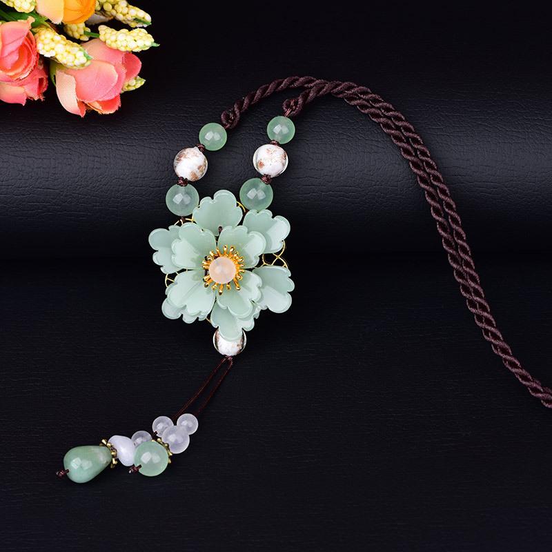 GEMCHIC Women s Vintage Handmade Long Sweater Necklace with Green Glass Flower Pendant and Beaded Tassel Chain