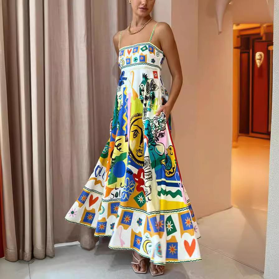 In Stock 2026: Graffiti Print Wide Hem Spaghetti Strap Dress for Women - Casual European & American Style