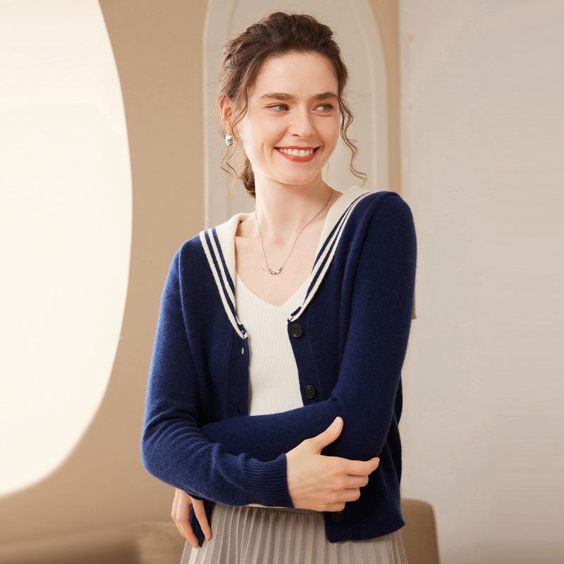 Women's Long Sleeve Color Block Cashmere Knit Cardigan - Thickened Navy Collar, Versatile, Soft, Warm for Autumn/Winter.