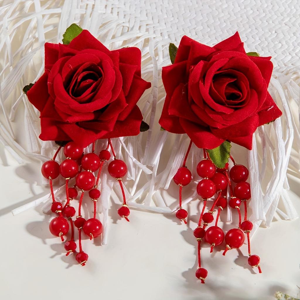 Vintage-Inspired Red Rose Beaded Dangle Earrings - Polyester Fiber, Perfect for Parties & Gifts