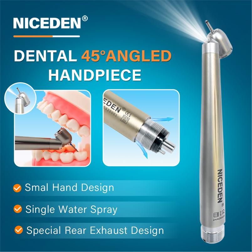 NICEDEN Dental 45 Degree LED High Speed Handpiece E-generator Integrated Small Head Push Button Handpiece Single Water Spray