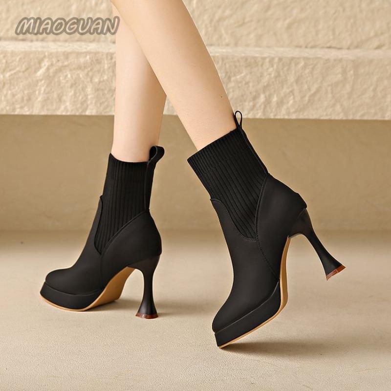 High-heeled Short Boots Spring and Autumn Pointed Toe Elastic Stocking Ankle Boots for Women Splicing Slip On Botas Femininas