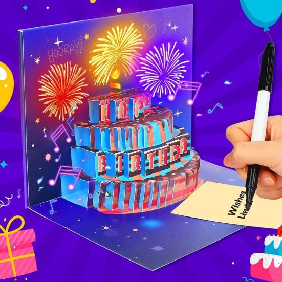 כרטיס יום הולדת תלת מימדי מתעופף מוזיקה קלה יום הולדת שמח כרטיס ברכה זוהר עם עיצוב עוגה כרטיס יום הולדת אינטראקטיבי