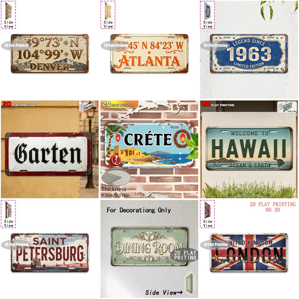 Vintage City Coordinate Garden Dining Room Flag Year Print Metal License Plate Sign Retro D Flat Printed Tin Plaque Wall Deco