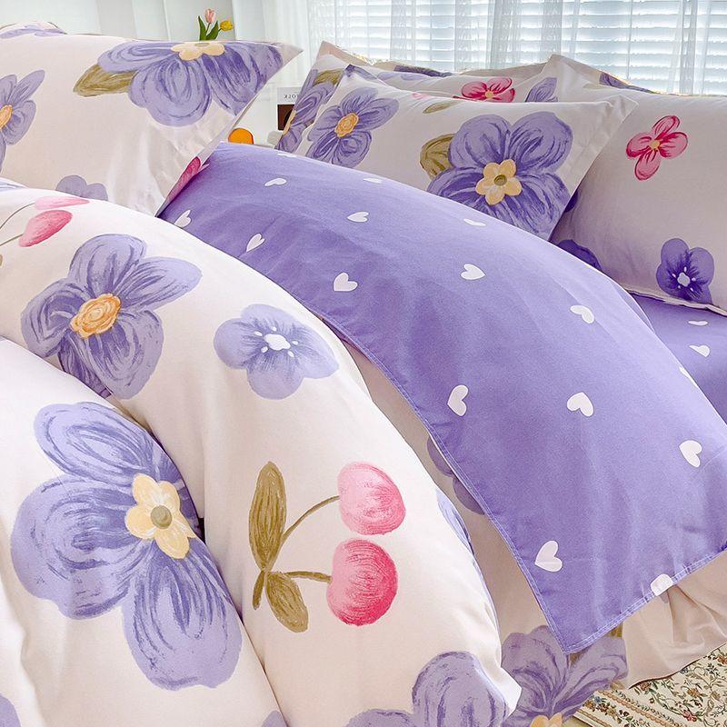 Simple Class A Washed Cotton Four-piece Bedding Set Princess Style Printed Quilt Cover Dormitory Bed Sheet Three-piece Quilt Cover