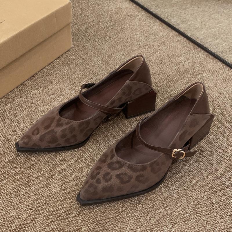 Spring New Pointed Toe Women Mary Jane Shoes Concise Shallow Buckle Shoes Ladies Elegant Leopard Thick Heel Dress Shoes