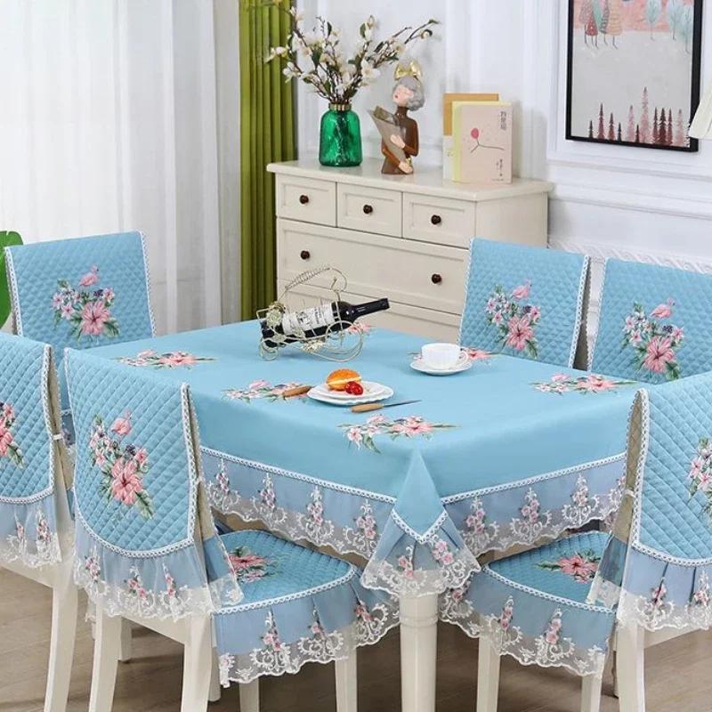 European Style Non Slip Dining Table Fabric Lace Edge Printed Chair Cover Four Seasons Universal Dining Chair Cushion Cover