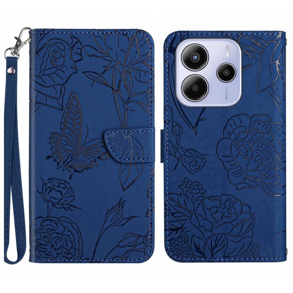 For Xiaomi Redmi Note 14 4G (163.25mm) Case Leather Phone Cover with Strap, Butterfly Flower Imprint