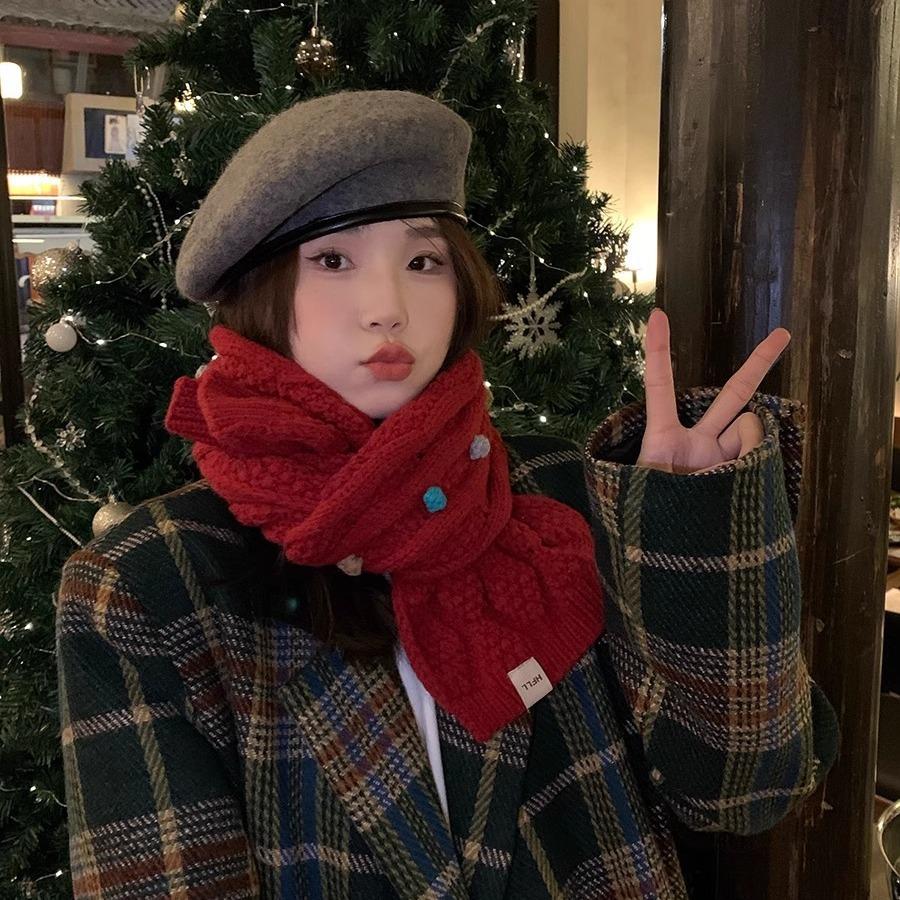 Soft Rainbow Candy Bean Knitted Wool Scarf For Winter Women With Thick Velvet And Student Warmth Versatile Neck