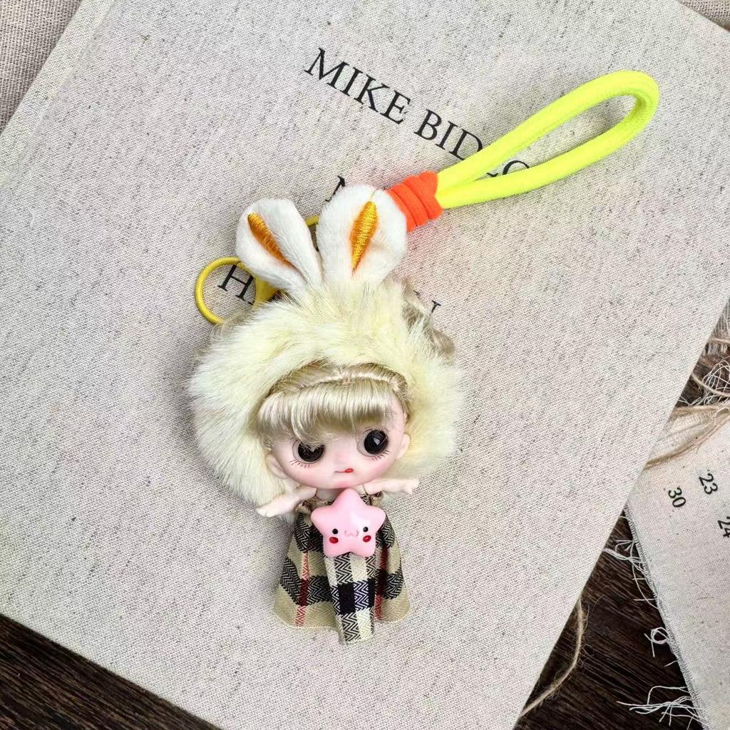 Cute Fluffy Animal Head Covers Lolita Maruko Princess Doll Toy Keychain 1/12 BJD Doll Joints Movable Backpack Decor Pendant Gift