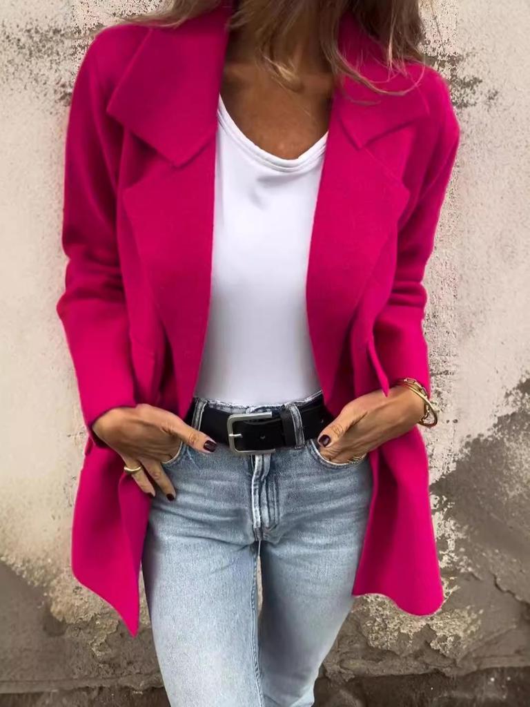 2024 Women's European & American Solid Color Lapel Pocket Cardigan Mid-length Coat for Autumn & Winter