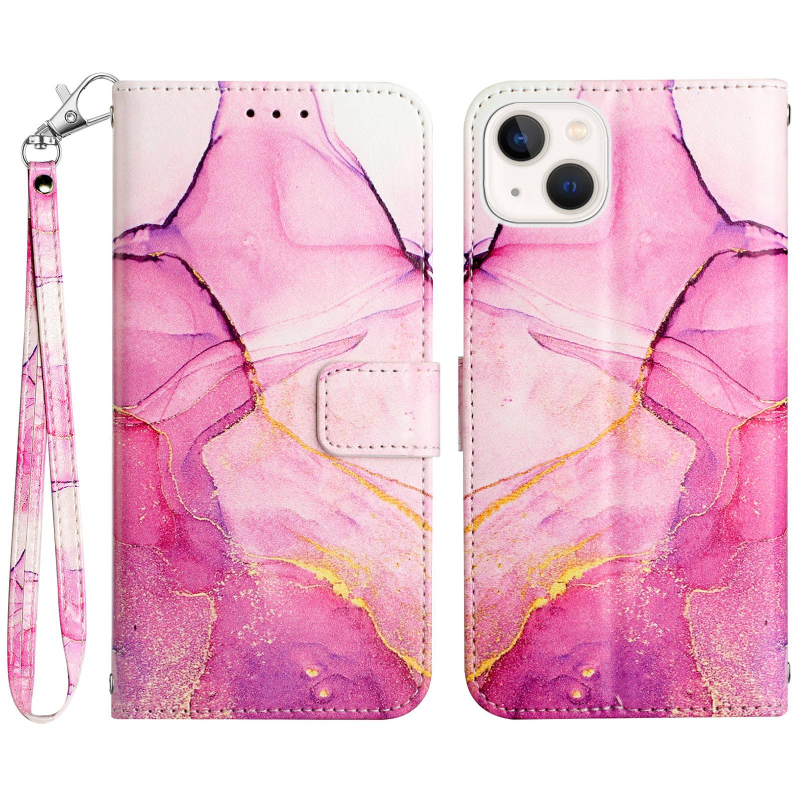 

For iPhone 15 Case with Strap Marble Pattern Leather Phone Cover Card Holder A