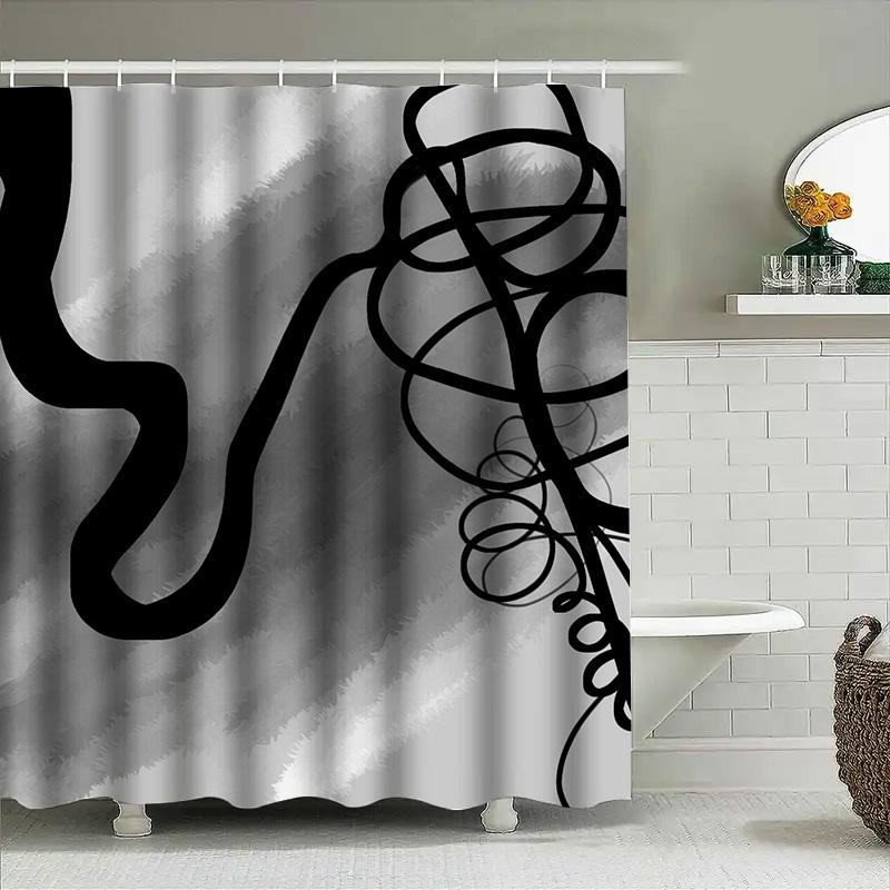 White Bath Curtain With Black Design Print Modern Bathroom Decor Shower Curtain Set For Home Decoration In Grey