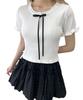 WEGO Women’s PHILLY Ribbon Frill Ribbed Short Sleeve T-Shirt, Cute Casual Top, One Size, White