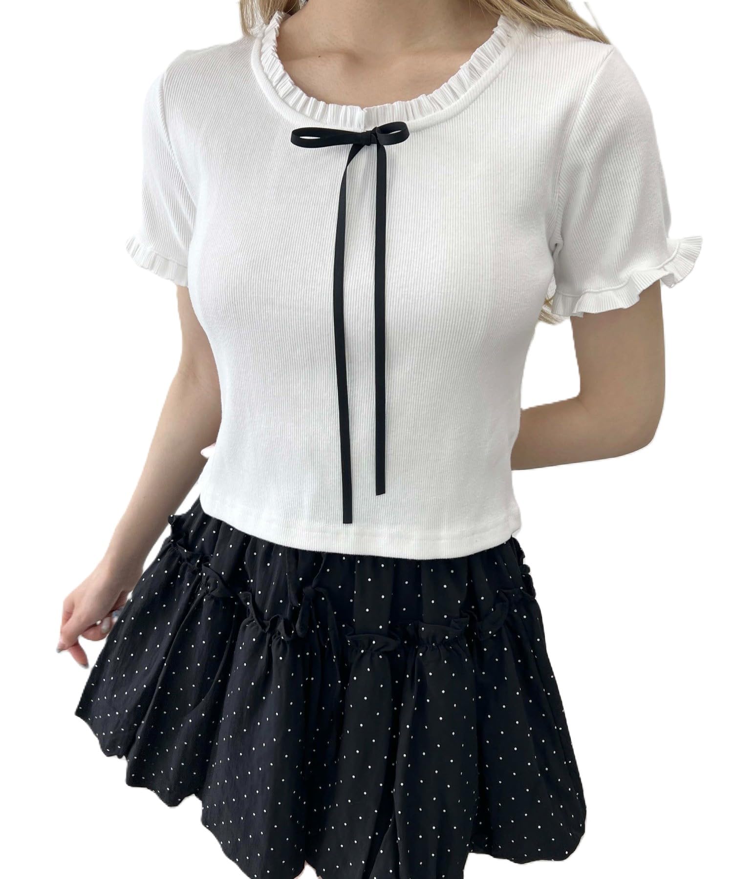 

WEGO Женская футболка PHILLY с оборками и рубчиком, с коротким рукавом, милый повседневный топ, один размер, белый белый