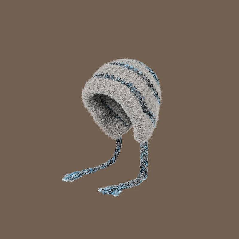 Autumn and Winter Plush Hat, Ear Protection, Headgear, Striped Color Matching Knitted Hat, Warm and Face-showing, Versatile Strap, Pullover Hat