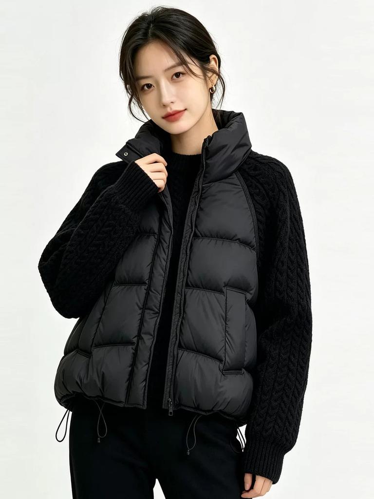 European and American knitted sleeves splicing down jackets women's short winter fashion stand-up collar warm white duck down tops are popular