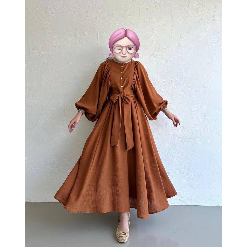 

Платье в западном стиле, новая мода, с круглым вырезом, на пуговицах, с оборками, рукавами-фонариками Amber L