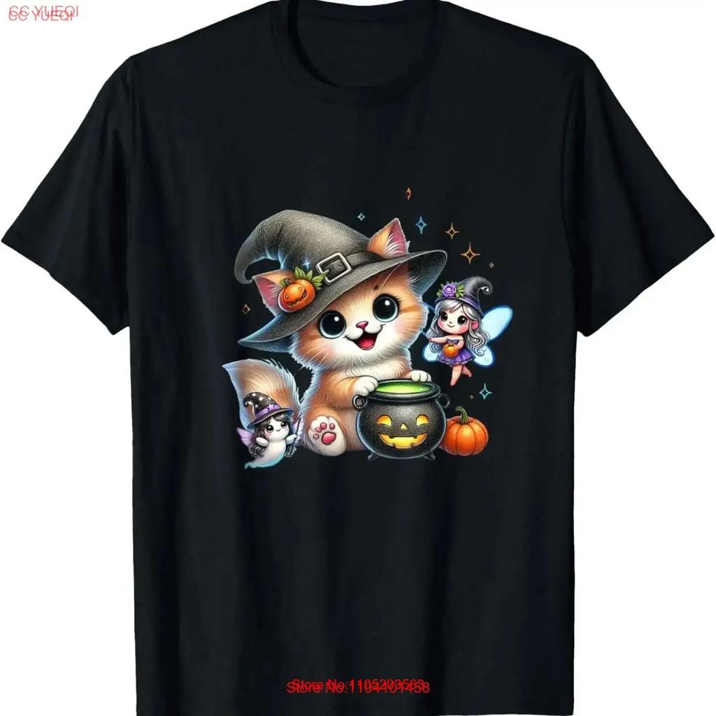 Cute Halloween Cat Fairy and Ghost Playful Witch Design T Shirt vintage Washed Slightly designer clothes Versatile streetwear