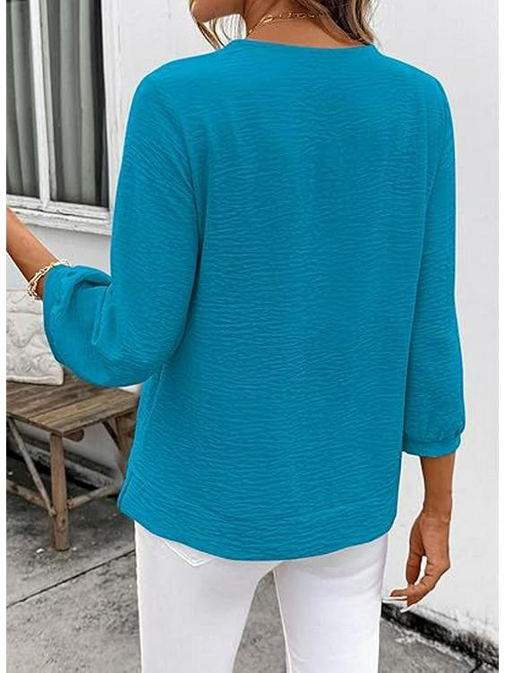 Women's V-Neck Ruffled Blouse - 3/4 Sleeve Loose Casual Shirt
