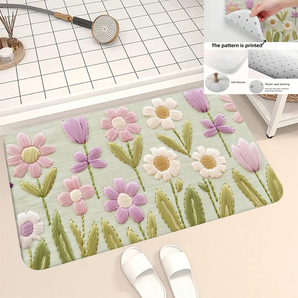 Minzgrüne Gänseblümchen-Tulpen-Badezimmermatte, Rutschfester maschinenwaschbarer Teppich, Florale Küchen-Badezimmer-Dekoration, Ideales Einweihungsgeschenk
