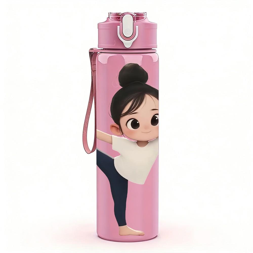 1PC Little Girl Kick Yoga Pose Print 750ml Color Plastic Sports Water Bottle Leakproof Flip Straw Lid Suitable for Sports Office Home Use