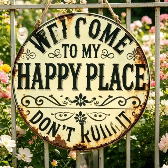Welcome To My Happy Place Metal Wall Sign Vintage Rustic Round Hanging Door Plaque for Indoor Outdoor Home Office Cafe Yard Decor