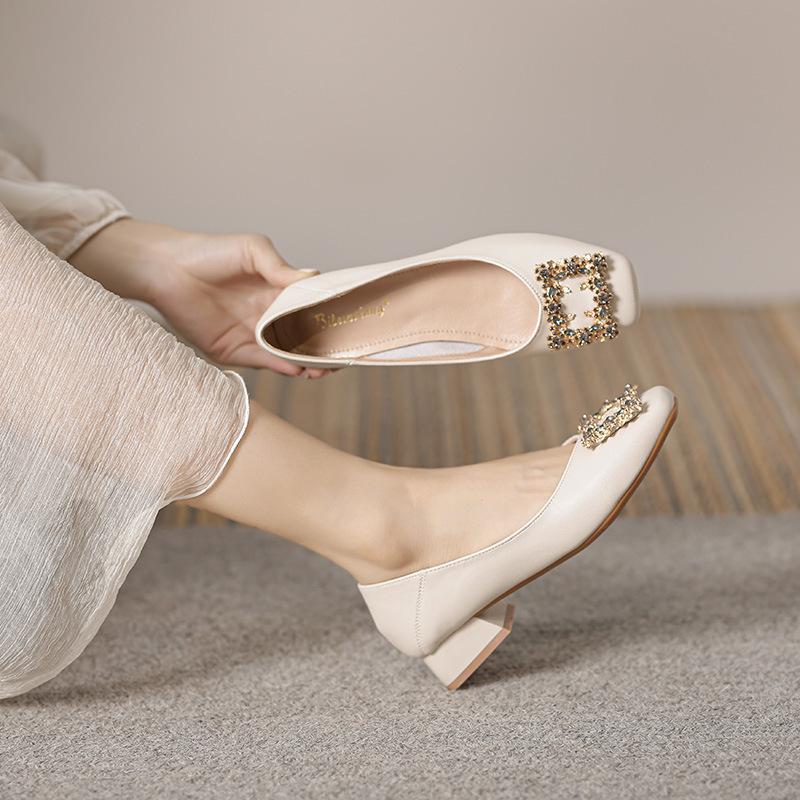 Leather square head shallow mouth spring 5 cm high heels French new versatile professional mother women's shoes temperament single shoes