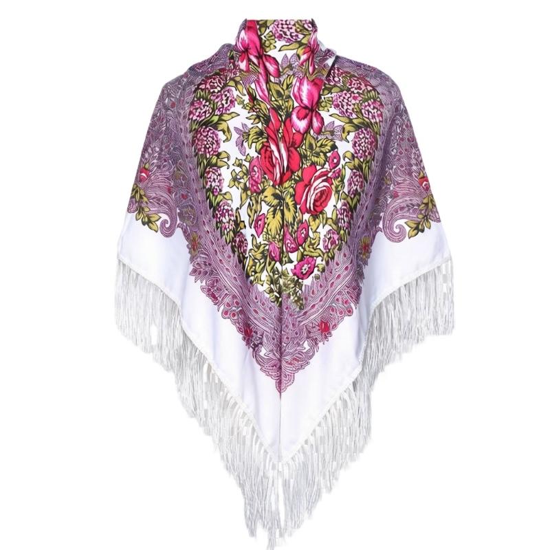 Elegant Fringe Floral Print Shawl Scarf For Women Soft Polyester Fabric Ethnic Fashion Accessory