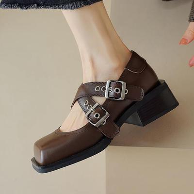 Krazing Pot Full Grain Leather Square Toe Med Heels Autumn Summer Shoes Metal Buckle Women Mary Janes Pumps