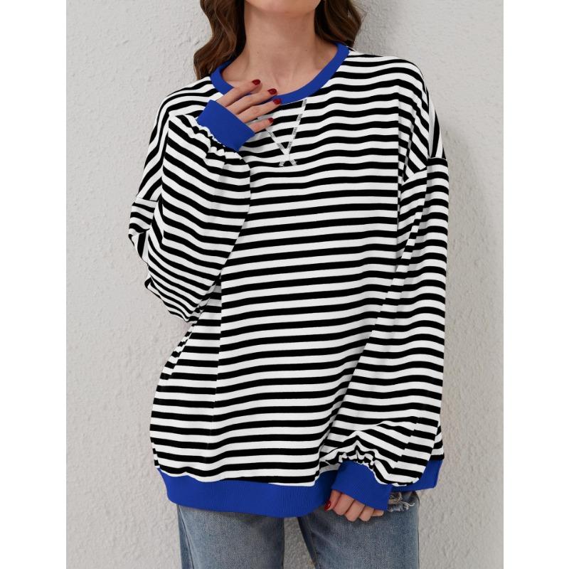 VEZFAA Women's Fashion Casual Spring Autumn Stripe Print Long Sleeve O-Neck Blouses & Shirts