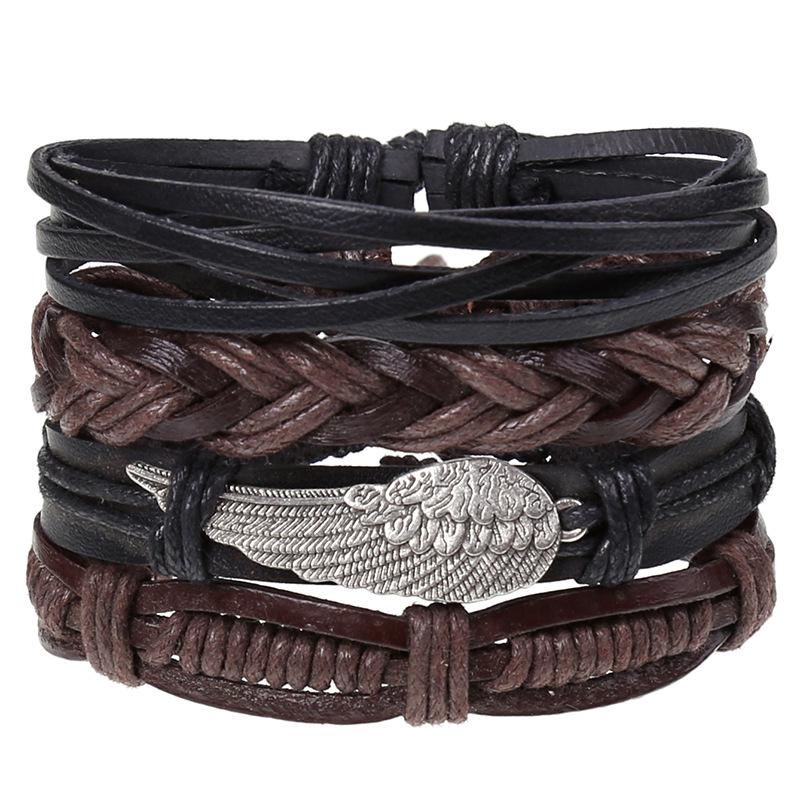 Retro Woven Cowhide Leather Men's Bracelet Set - European & American Handmade DIY Knot
