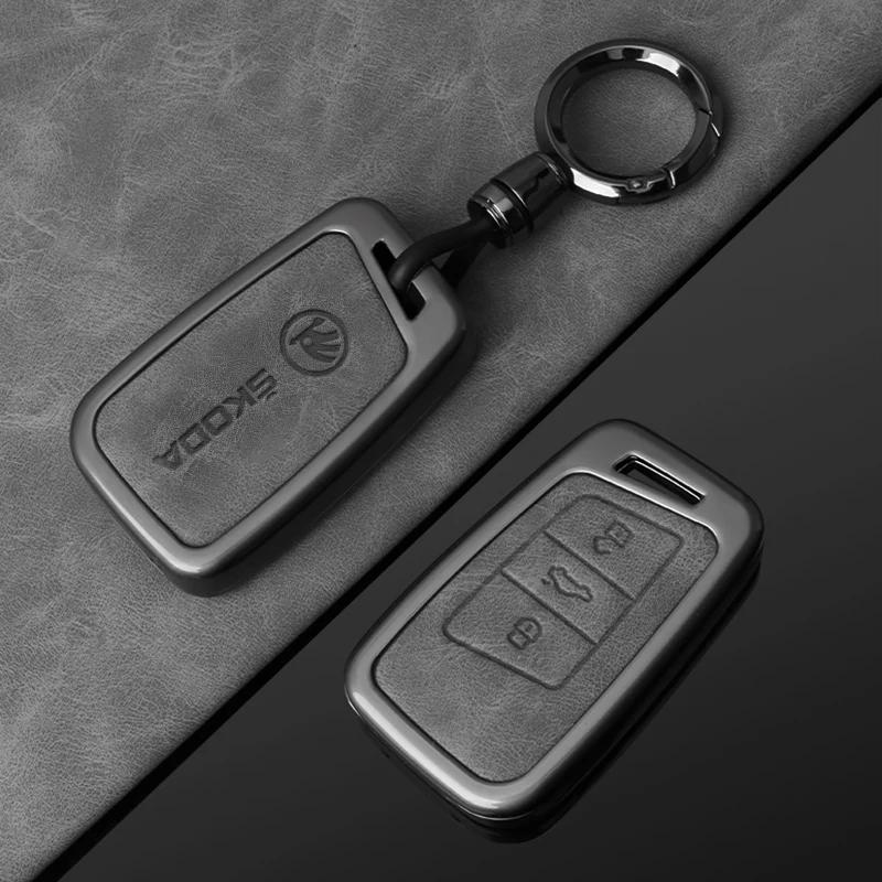 Car Sticker 2025 New Zinc Alloy Leather Car Remote Key Case Cover Protection Shell Auto Styling Accessory For Skoda Superb A7 Ka