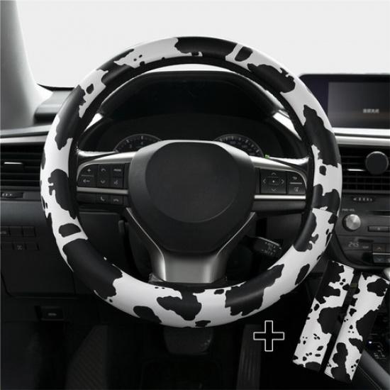 

Car Steering Wheel Cover Set Cow Print Leather Car Accessories Anti-slip 3pcs