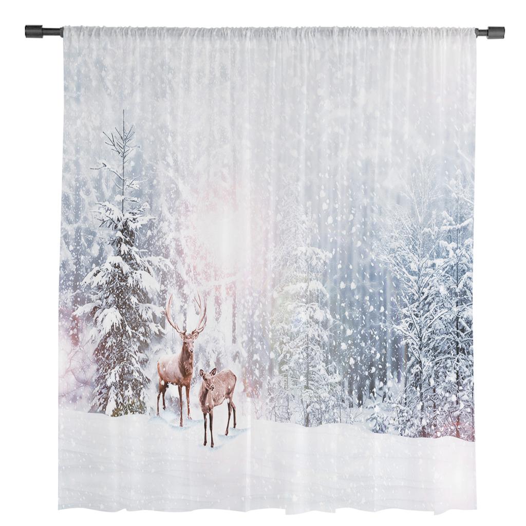 Snowing Winter Elk Christmas Tulle Curtains Living Room Decoration Bedroom Kitchen Window Treatment Sheer Made Of Polyester Area Decor