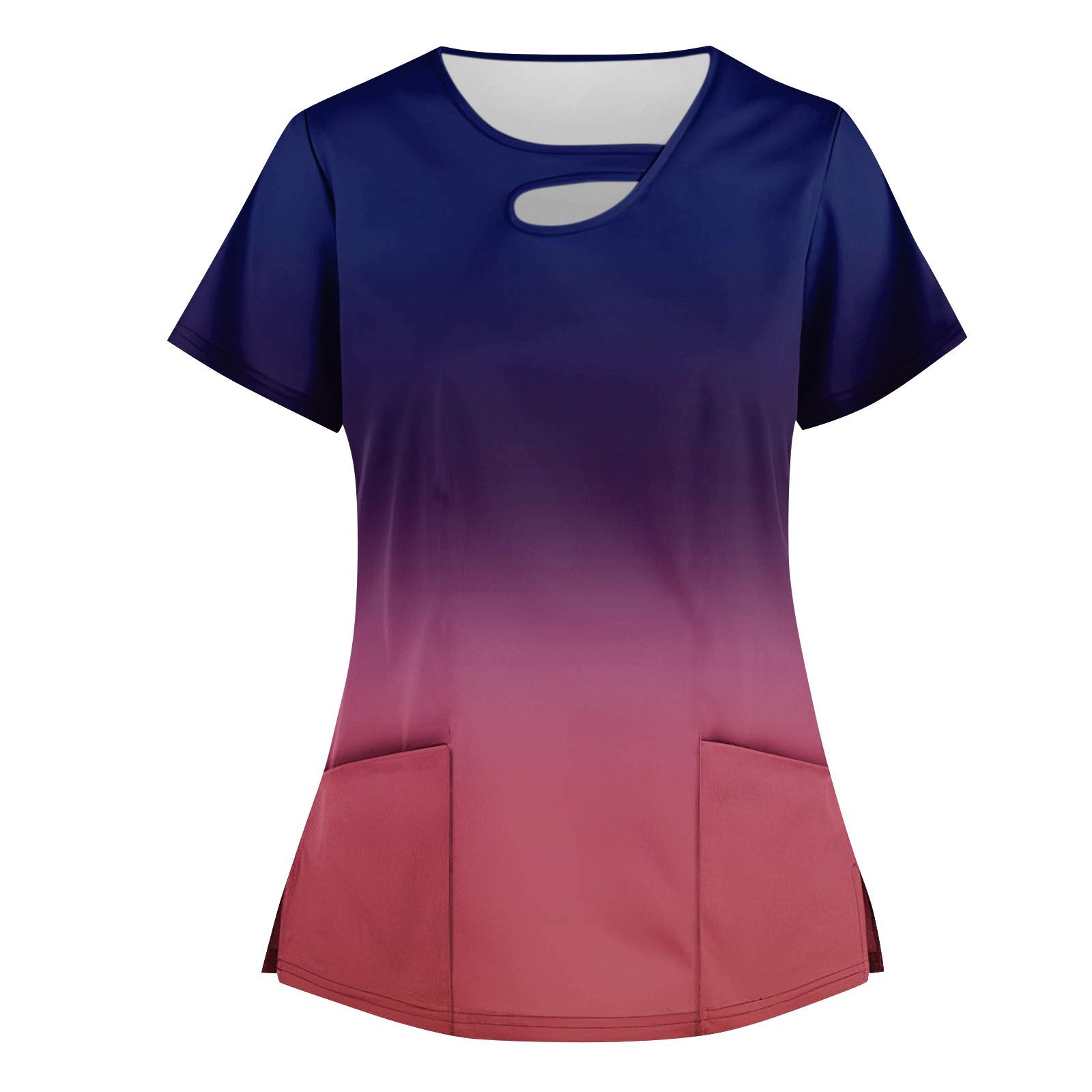 

Womens Tops Stretchy Fashion Printed Work With Pocket T-Shirt Short Sleeve Top XXL фиолетовый