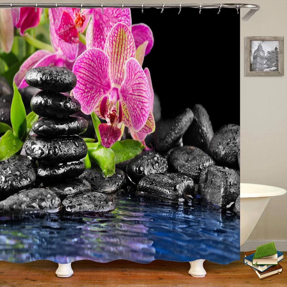 3D Flower Bamboo Pebble Water Green Plant Shower Curtain Waterproof Polyester Curtain Home Decoration Shower Curtain Zen Curtain