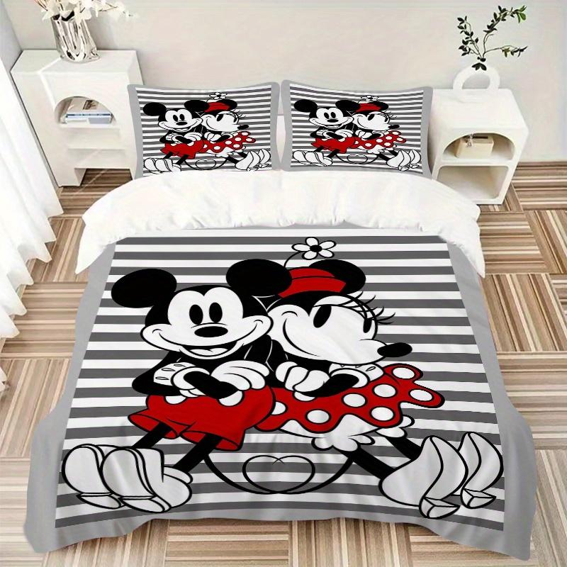 3pcs Gray Striped Minnie Mickey Bedding Set Includes 1 Quilt Cover and 2 Pillowcases, Comfortable Bedding S049