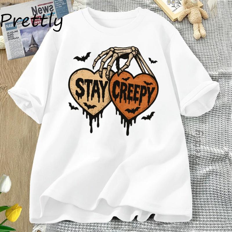 Stay Creepy Tshirt Retro Dripping Heart Halloween Clipart T Shirt Skeleton Hand Spooky Graphic T Shirts FeUnisex Clothing