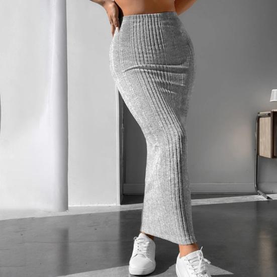 Women Fall Winter Skirt High Waist Knitted Elastic Thick Warm Ankle Length Striped Slim Fit Soft Sheath Lady Maxi Skirt