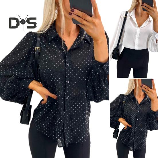 Women Shirt Lapel Lantern Long Sleeve Single Breasted Shirt Tops Casual Commuting Style Loose Fit Shirt Daily Wear