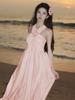 French Peach Pink Spaghetti Strap Slimming Slit Gown