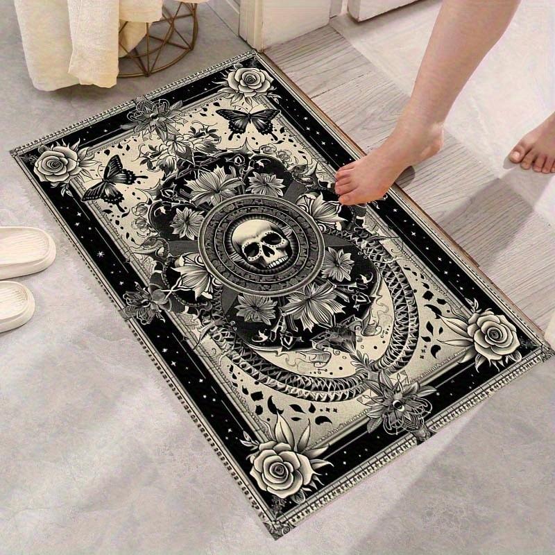 VIKAMA Gothic Skull Floral Doormat Non Slip Washable Entryway Rug Dark Academia Skull Rose Print Floor Mat Bathroom Living Room