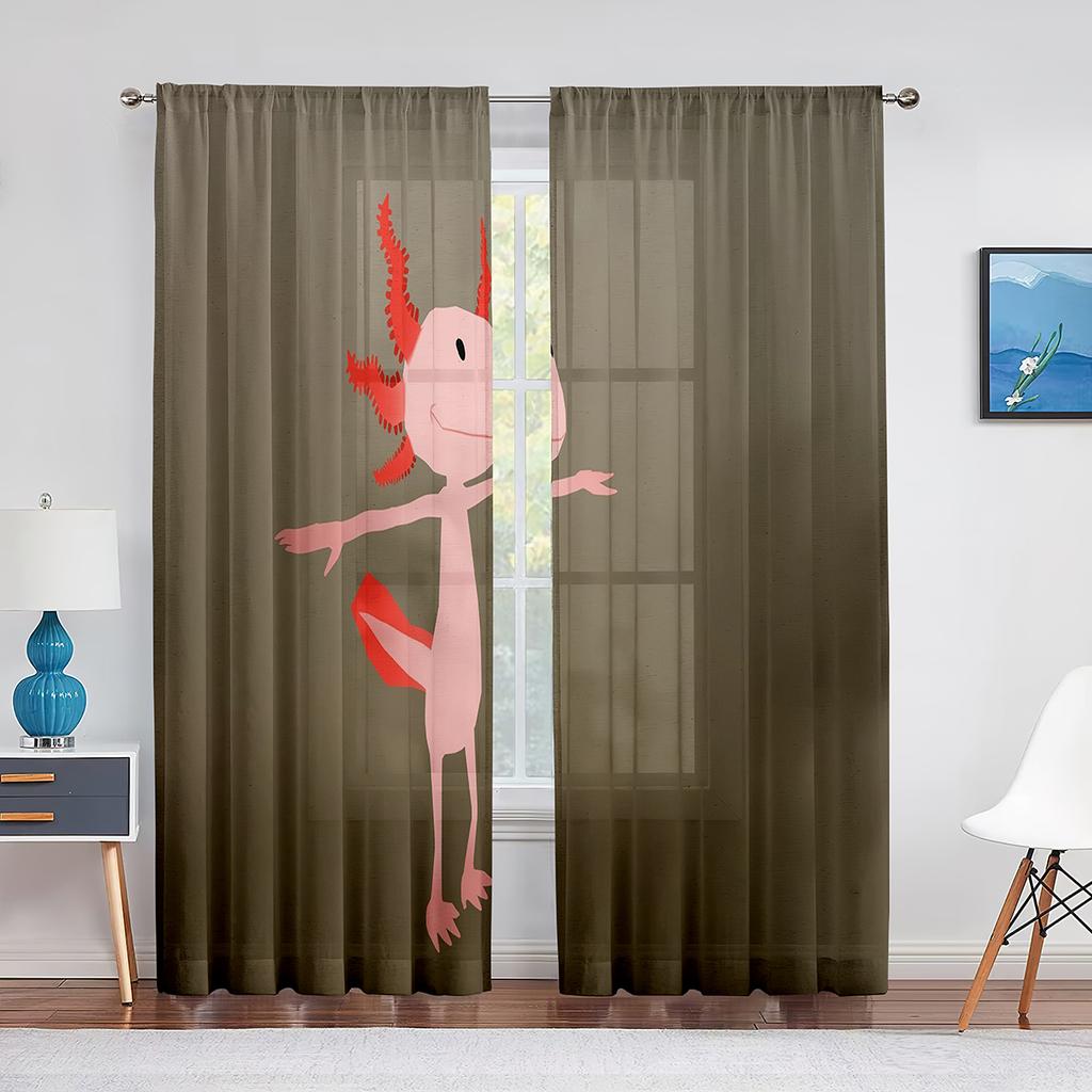 Cartoon Watercolor Axolotl with Hat Sheer Voile Curtain Sealife Reptiles Chiffon Tulle Curtains for Living Room Bedroom Drapes