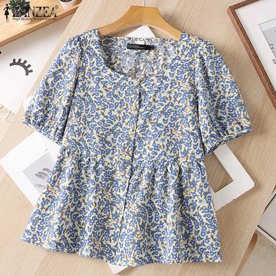 Women Printing Square Neckline Short-Sleeved A-Hem Blouses
