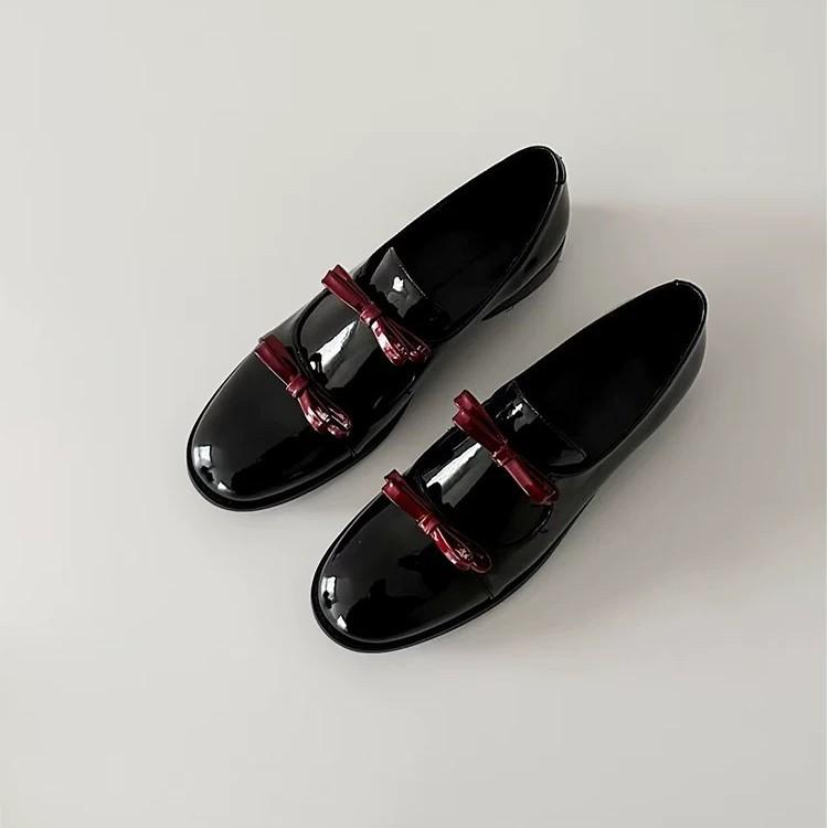 Retro Leather Double Bow Small Leather Shoes Women's 2025 Spring New Thick Heel Round Head Loafers Mary Jane Single Shoes