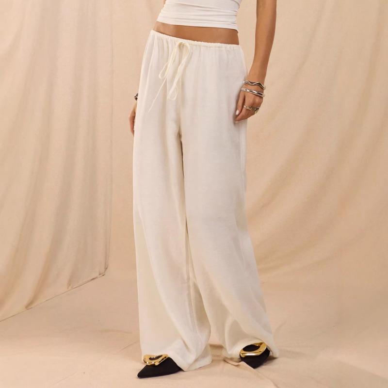 Women Casual Loose Solid Color Low Waist Wide Leg Straight Floor Length Long Pants