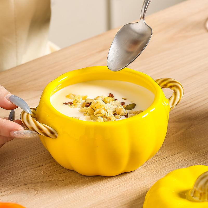 Cute Pumpkin Binaural Bowl With Lid Creative Ceramic Stew Cup Household Children'S Rice Bowl High Value Breakfast Pudding Small Bowl
